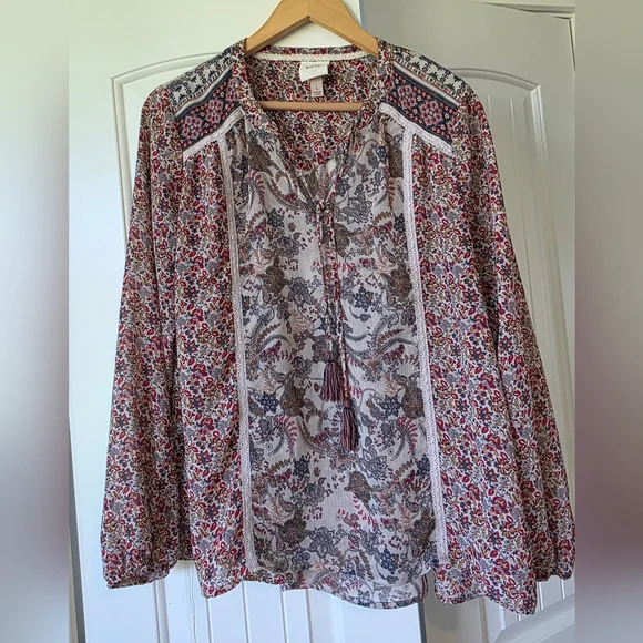 Knox Rose - Peasant Boho - Sheer Blouse - Keyhole Tassel - Bell Sleeves - Large - Picture 4 of 10